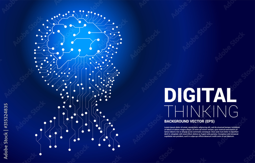 Poster Vector silhouette of man head from dot connect line circuit board style with brain . Concept background human digital future technology and artificial intelligence.