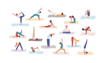 Fototapeta na wymiar People practicing yoga position set vector flat illustration. Colored cartoon man and woman doing Asana exercise isolated on white background. Healthy lifestyle and physical activity concept.