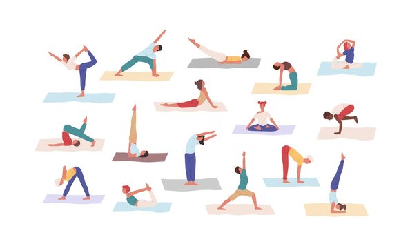People practicing yoga position set vector flat illustration. Colored cartoon man and woman doing Asana exercise isolated on white background. Healthy lifestyle and physical activity concept.