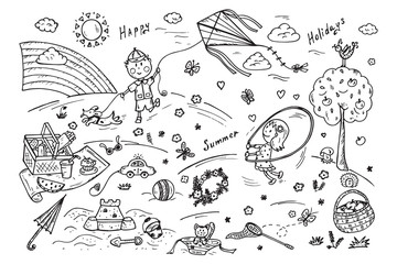 Children Outdoor Activities. Summer Camp or holidays. Summer vacation. Happy children playing in the Park. Kids at the picnic. Hand drawn doodle Childhood set. Background for kids