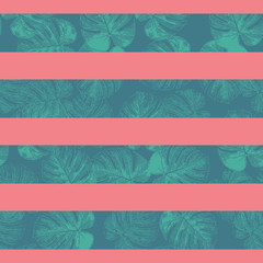 Tropical stripes seamless vector pattern. Teal blue and coral red horizontal striped texture with monstera palm leaf shapes. Philodendron leaves texture. Repeating contemporary geometric background. 