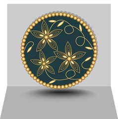 Gold jewel mock up, flower motif on dark green onyx background, frame composed of small spheres, vector design