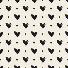 seamless pattern background with monochrome hand drawn heart and dot