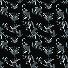 Ring tailed lemurs with tropic leaves. Seamless pattern on black background. Grey and black colors monochrome. Stock vector illustration for digital paper and wrapping paper decor, fonts and textures.