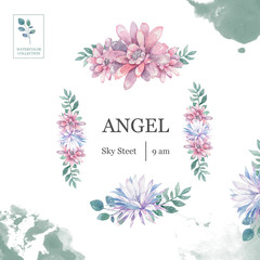 Invitation. Wedding or birthday card. Floral branch frame. Watercolor background with pink flowers and green leaves. Boho style. Beauty isolated bouqet square horizontal frame background