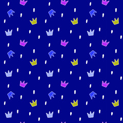 Seamless pattern crowns on dark color background. Isolated stock vector. For wrapping paper, scrap booking and printed matter,  invitation, greeting cards.