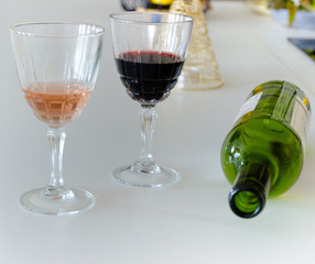 Wine goblet, empty wine bottle after New Year's Eve, New Year 2020, alcohol problem, red wine, bachelorette party, alcoholic and alcoholism and addiction, awkward night and fun, cork party, party nigh