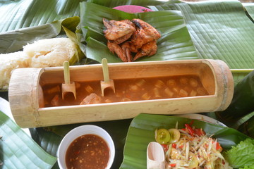 Isan Thai food in a natural container