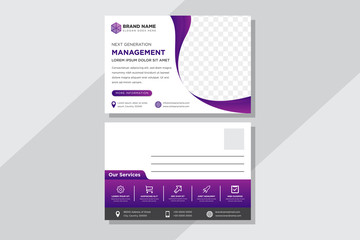 Horizontal vector background template for postcard, page cover, flyer, leaflet and advertising. gradient purple for element design. curve space for photo.
