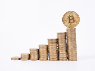 Financial growth concept with golden Bitcoins ladder