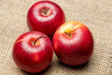 Apples. Three red ripe apples on burlap.