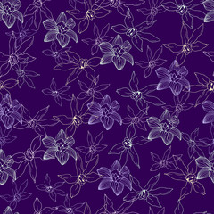 Seamless textile pattern from contour flowers on a purple background. Vector hand-drawn tropical flowers illustration for fabric, tile, paper