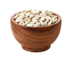White beans in wooden bowl isolated on white background