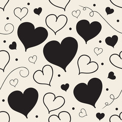 seamless monochrome hand drawn heart and dot pattern background