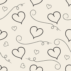 seamless monochrome hand drawn heart pattern background