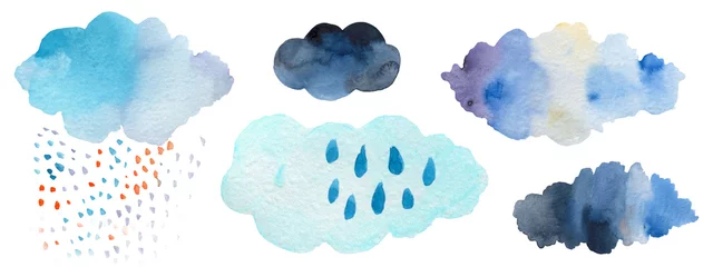 Gardinen Cute Smiling Clouds with Rain Drops, Thunder and Lightning Icons Set for Print © Tatyana