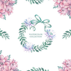 Invitation. Wedding or birthday card. Floral green leaf frame with bow. Watercolor background with pink flowers and green leaves. Boho style. Beauty isolated bouqet circle frame background