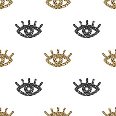 seamless gold and black glitter eye pattern on white background