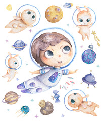 Cute smiling boy brown hair flowers in head take blue planet in hands set of satellites, planet and funny hamster Watercolor Set with space objects isolated on white Cartoon illustration for children