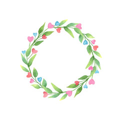 Floral and hearts frame composition. Watercolor hand drawn illustration. Romantic valentineâ€™s day design.