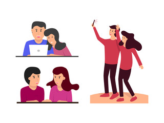 Couple boy and girl on a date in one place.. Romantic, happy, cheerful, joyful, love, sweet concept. Flat colourful cartoon vector illustration