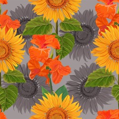Flower seamless pattern with sun flower and canna lily
