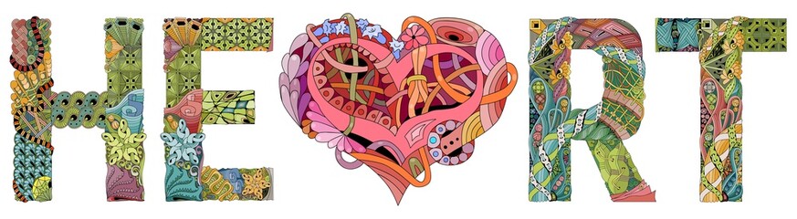 Word HEART. Vector zentangle object for decoration