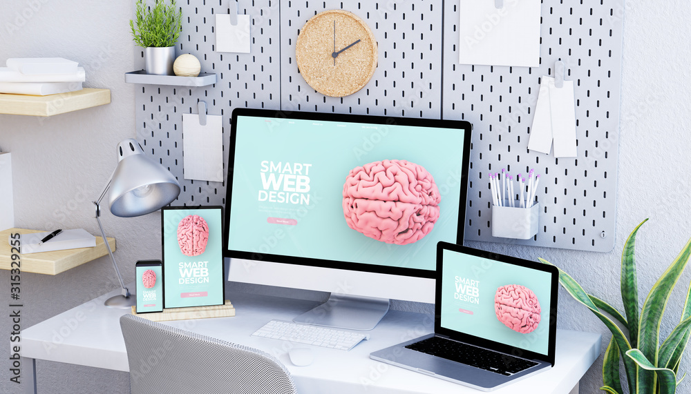 Wall mural minimal responsive studio with devices