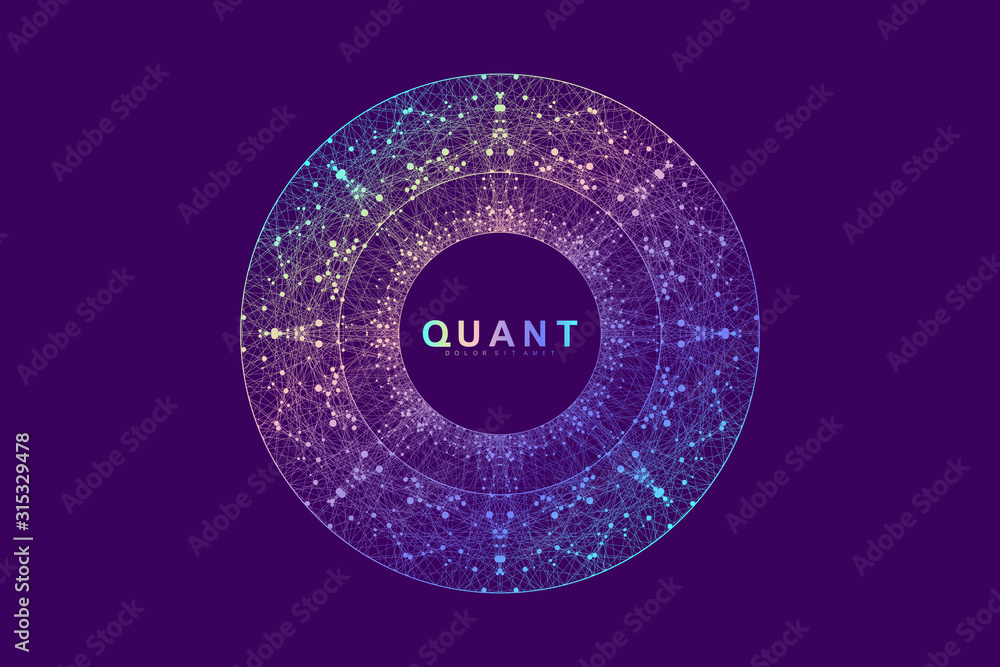 Fototapete Scientific vector illustration quantum computer technology. Plexus fiction effect. Deep learning artificial intelligence. Big data algorithms visualization. Quantum explosion background.