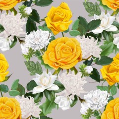 Flower beautiful bouquet with yellow roses ,chrysanthemum and magnolia vector illlustration