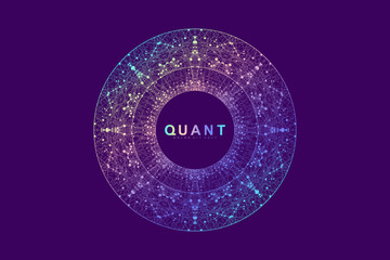 Scientific vector illustration quantum computer technology. Plexus fiction effect. Deep learning artificial intelligence. Big data algorithms visualization. Quantum explosion background.