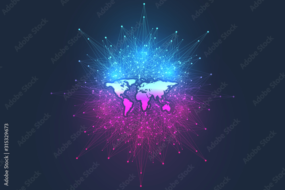 Leinwandbilder Global network connection. World map point composition concept of global business. Digital abstract background with connected lines and dots. Vector Illustration