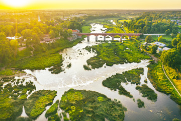 Drone aerial view of Rumba waterfall in Latvia