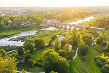 Drone aerial view of Rumba waterfall in Latvia