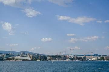 Oslo city skyline from ferry boat, Norway