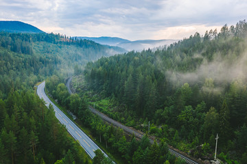 Drone aerial view of road and railway, Norway