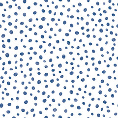 Blue watercolor effect polka dots in dense all over print vector design. Seamless pattern on white background. For wellness, summer, vacation, sport products, packaging, stationery, fabric, texture