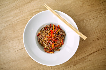 Stir fry noodles soba with beef