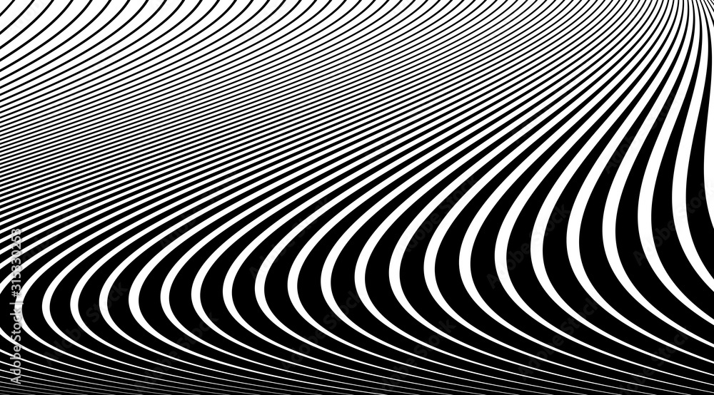 Poster halftone background with stripped black and white lines. optical illusion art vector design.