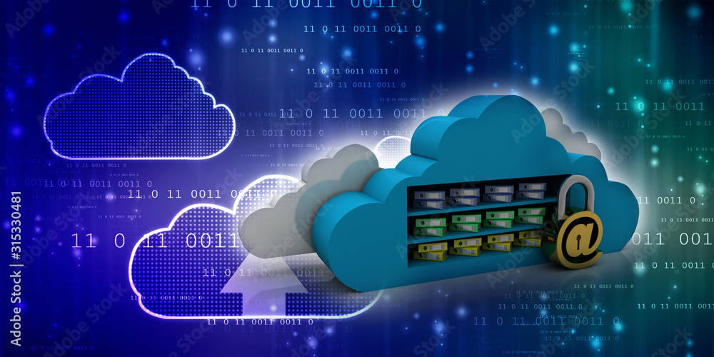 Poster 3d rendering e-mail symbol protection lock with cloud folder storage. internet security concept
