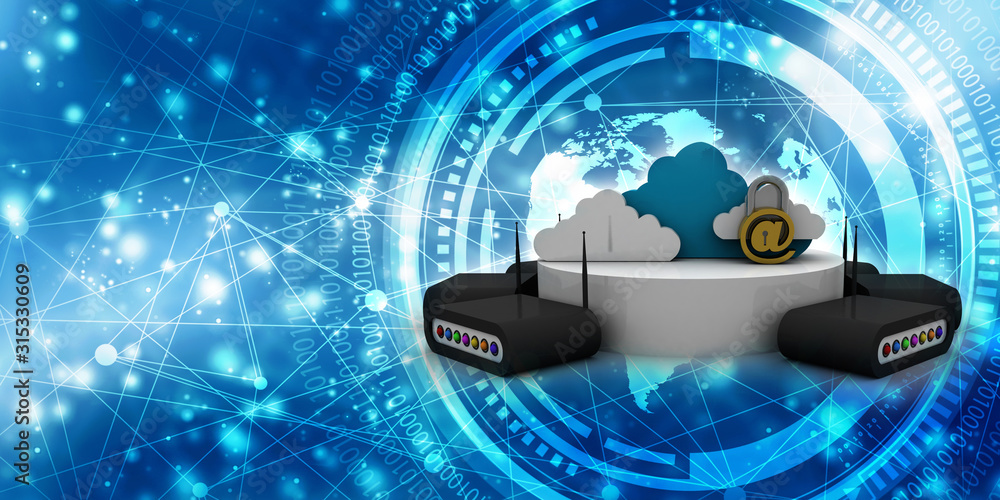 Poster 3d rendering e-mail symbol protection lock with cloud folder storage. internet security concept