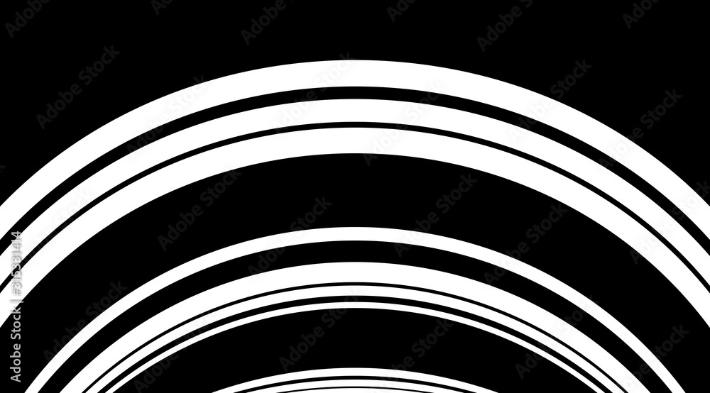 Poster monochrome circle arc linear pattern design. motion stripes optical illusion background.