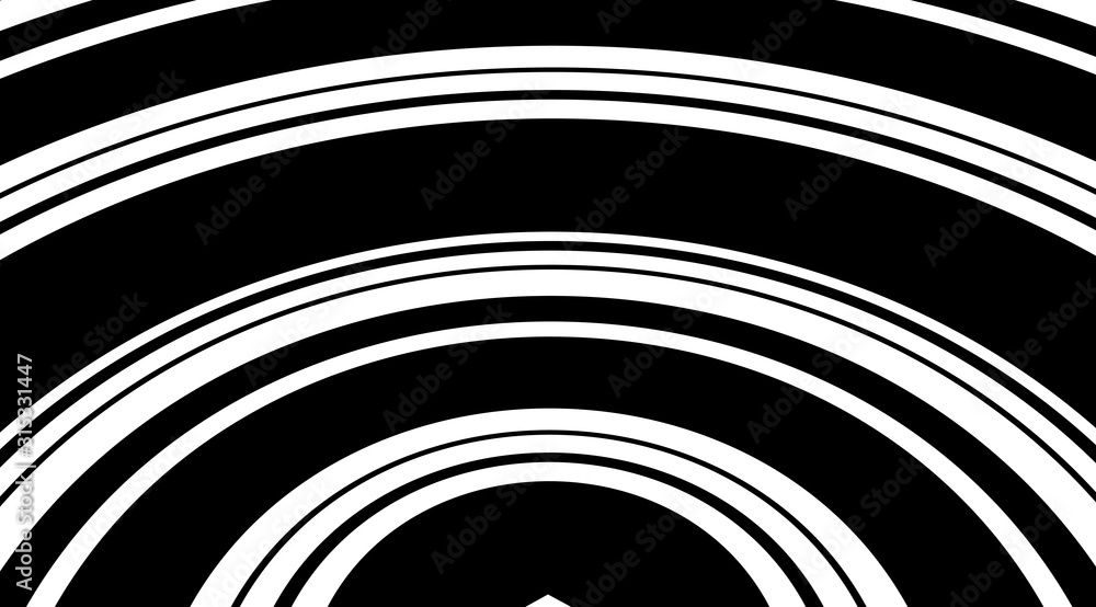 Poster monochrome circle arc linear pattern design. motion stripes optical illusion background.