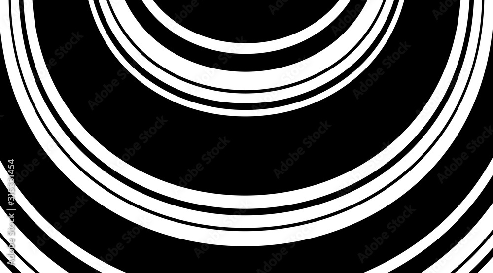 Poster monochrome circle arc linear pattern design. motion stripes optical illusion background.