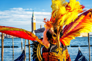 Close-up of a costume reveller poses during the Carnival in Venice, Italy.