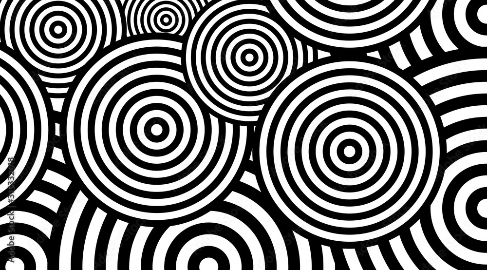 Aufkleber Trendy circular black and white pattern background vector design. Optical illusion spins backdrop.