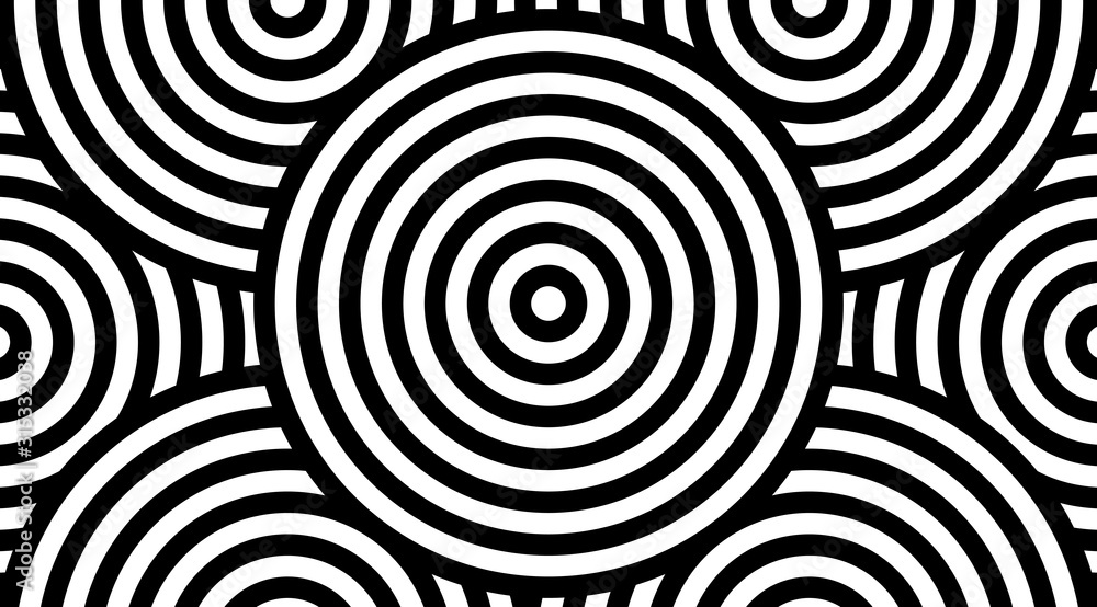 Aufkleber Trendy circular black and white pattern background vector design. Optical illusion spins backdrop.