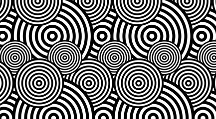 Trendy circular black and white pattern background vector design. Optical illusion spins backdrop.