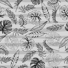 Tropical palm trees and banana leaves. Abstract background seamless pattern. Black and white on strips phon.