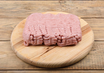 Minced turkey on a wooden cutting board.